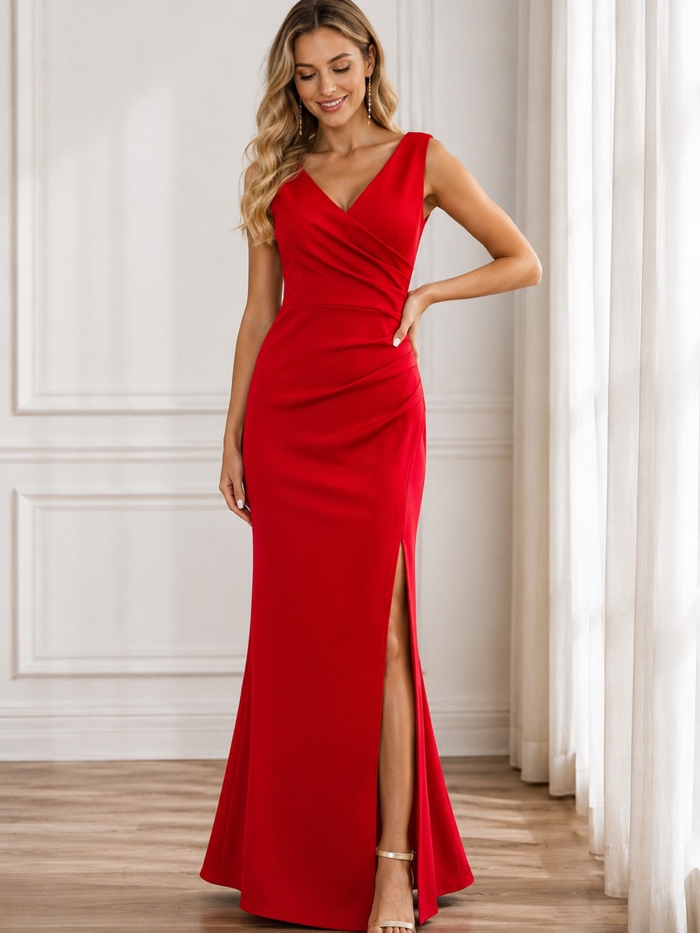 Red V-Neck Evening Gown Ruched Surplus Neck Gala Formal Side Slit sz M